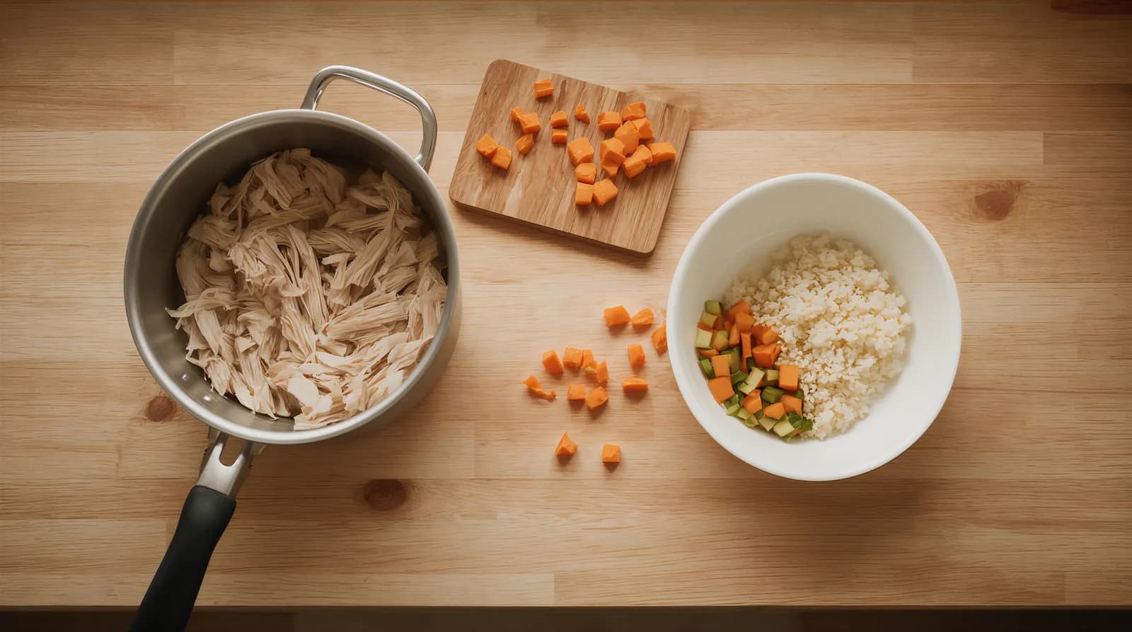 Küchenarbeitsplatte während der Zubereitung: ein Topf mit gekochtem Hühnerfleisch, ein Schneidebrett mit Karottenwürfeln und eine Schüssel mit Reis und Gemüse.
