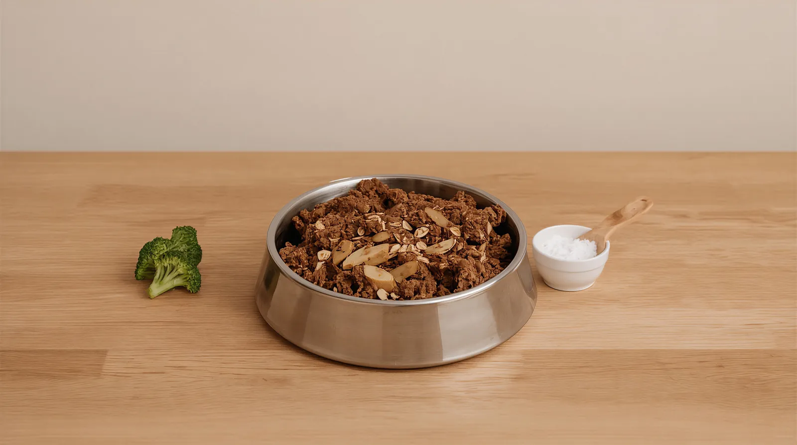 Edelstahlnapf mit gebratenem Faschiertem und Pastinaken, daneben frischer Brokkoli, ein Schälchen Calciumpulver und ein Holzlöffel.