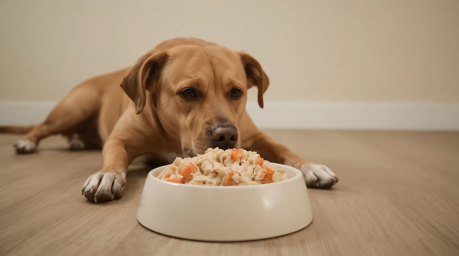 Erwachsener brauner Hund liegt auf Eichendielen vor einem Napf mit frisch gekochtem Hühnerfleisch, Reis und Karotten.